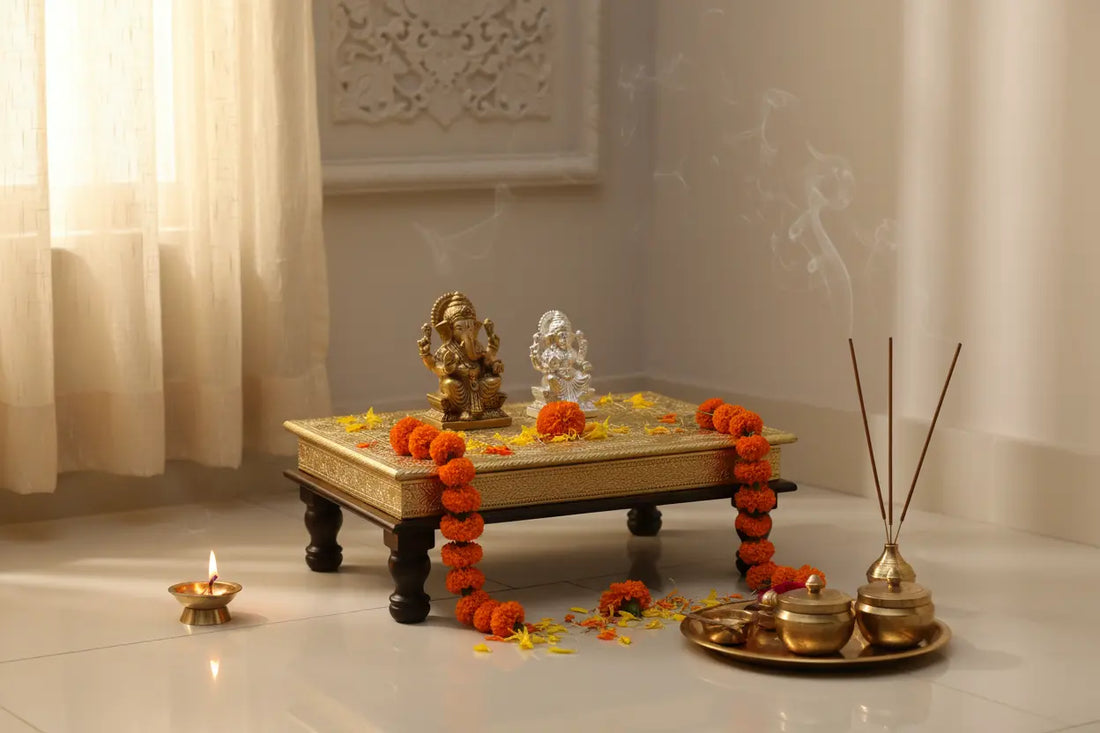 Handcrafted brass pooja chowki decorated with marigold flowers and lit diya for home puja