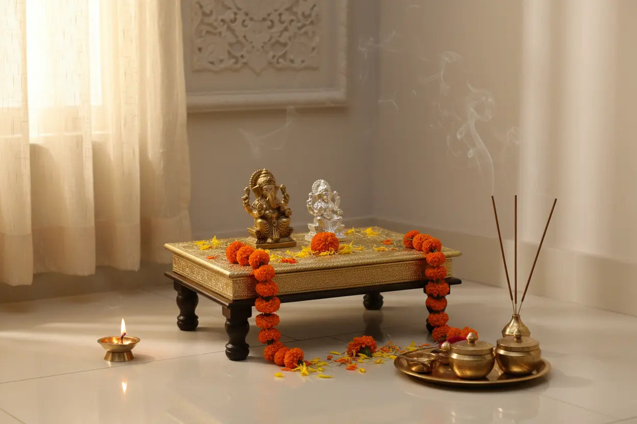 Handcrafted brass pooja chowki decorated with marigold flowers and lit diya for home puja