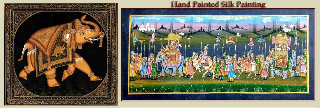 Handmade Indian silk miniature painting from Jaipur — Mughal and Radha Krishna styles on silk fabric with natural pigments