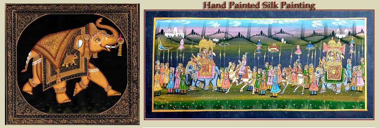 Handmade Indian silk miniature painting from Jaipur — Mughal and Radha Krishna styles on silk fabric with natural pigments