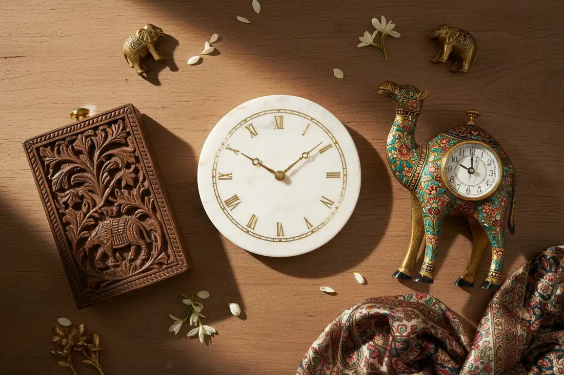 Handcrafted table clocks as home decor showpieces — marble, wooden and Meenakari clocks by KK Gift Store