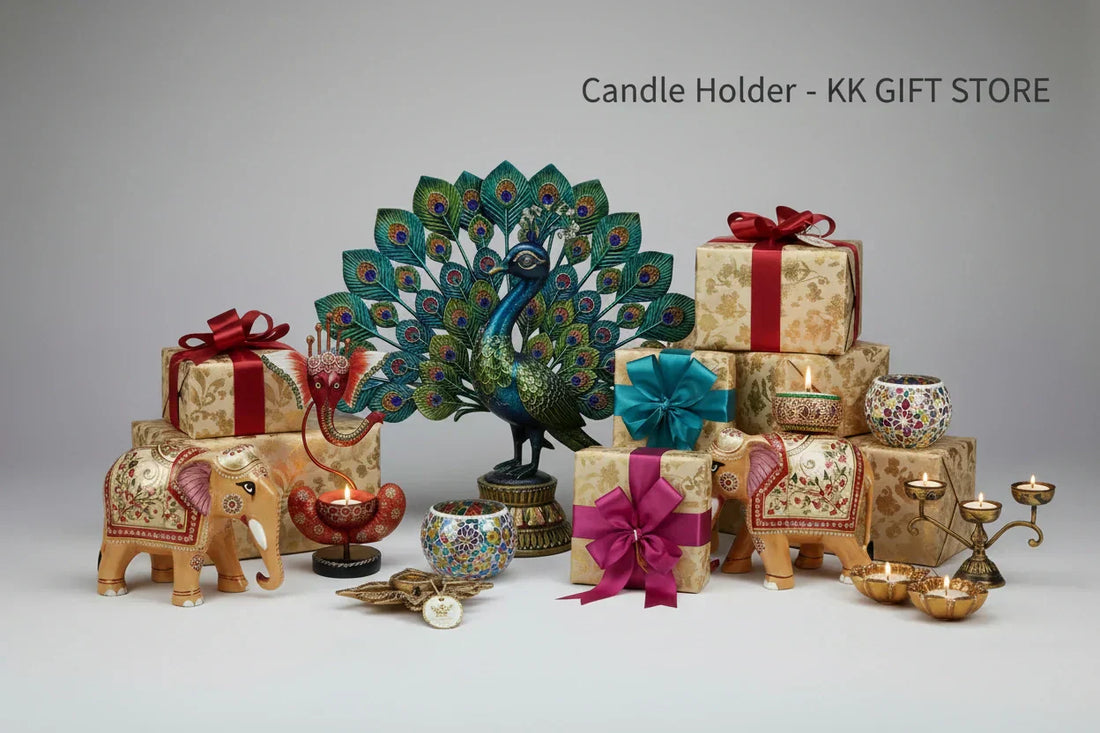 Collection of 12 handcrafted candle holders from KK Gift Store, featuring traditional Meenakari elephants and modern wooden stands, ideal for housewarming and Diwali gifts.