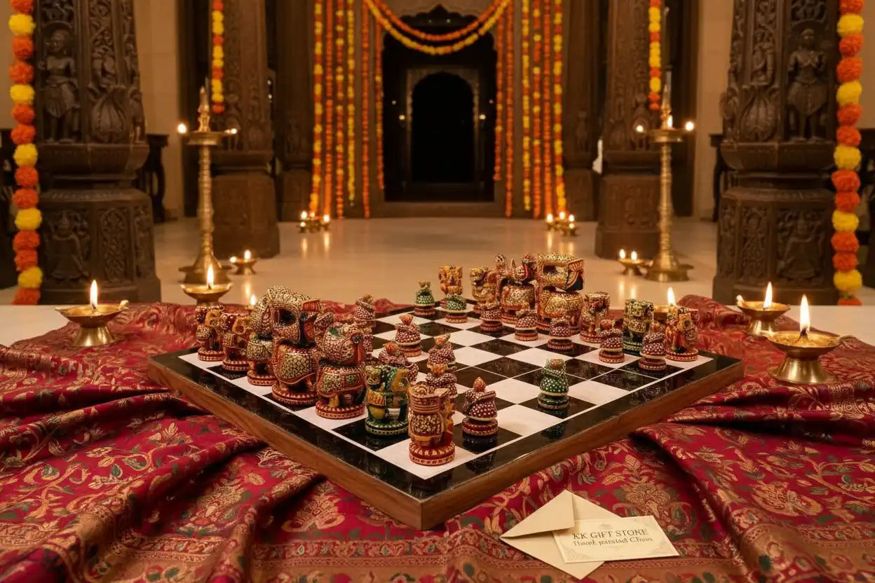 Traditional Ambabari hand-painted wooden chess set displayed in Indian heritage setting