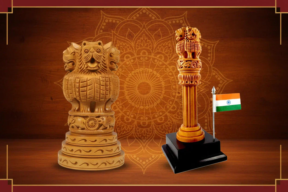 4 handcrafted wooden Ashok Stambh variants by KK Gift Store Jaipur — pen stand, clock, flag, and classic sculpture for desk decor and gifting