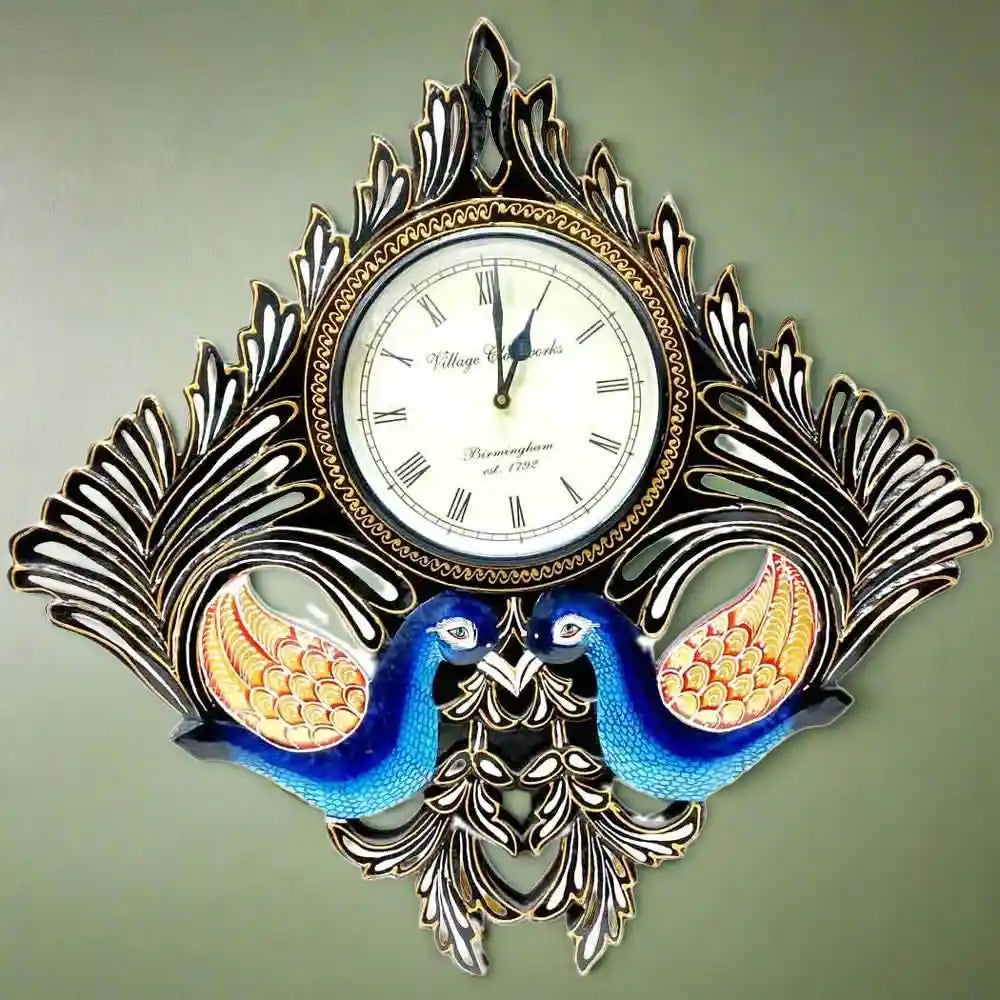 Handcrafted Clock Collection - Hand-painted Marble Wall Clock and Embossed Wooden Clock by KK Gift Store Jaipur