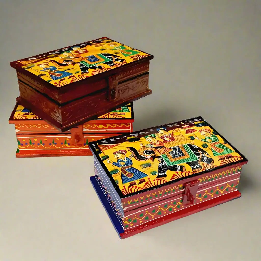 Handcrafted Box Collection - Wooden Gemstone Jewel Box, Marble Dry Fruit Box, and 4-Layer Painted Drawer Box by KK Gift Store Jaipur