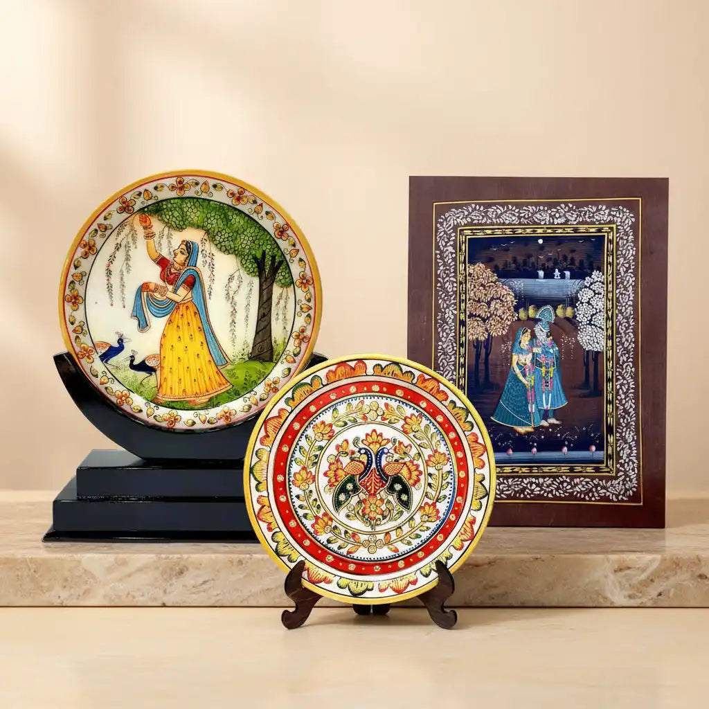 Handmade Painting Collection - Mughal Silk Painting, Marble Bani Thani Art, and Radha Krishna Miniature by KK Gift Store Jaipur