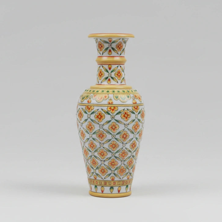 1 feet white marble pot with handmade floral emboss painting and stone work, pure white marble decorative vase for home and office decor