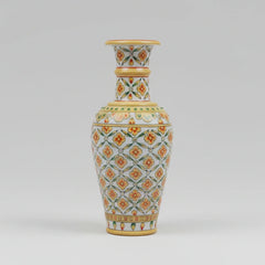 1 feet white marble pot with handmade floral emboss painting and stone work, pure white marble decorative vase for home and office decor