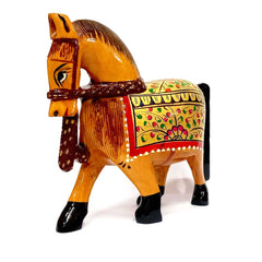 A 10cm tall handcrafted wooden horse figurine, a beautiful and compact tabletop decor item.