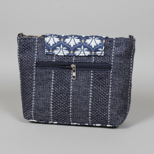 Side profile showing the 10 inch length and 8 inch height of the Jacquard bag