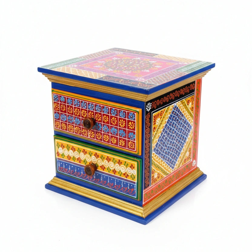 Large square wooden 2-drawer chest featuring colorful Indian folk art.