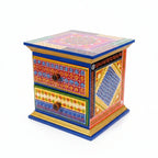 Large square wooden 2-drawer chest featuring colorful Indian folk art.