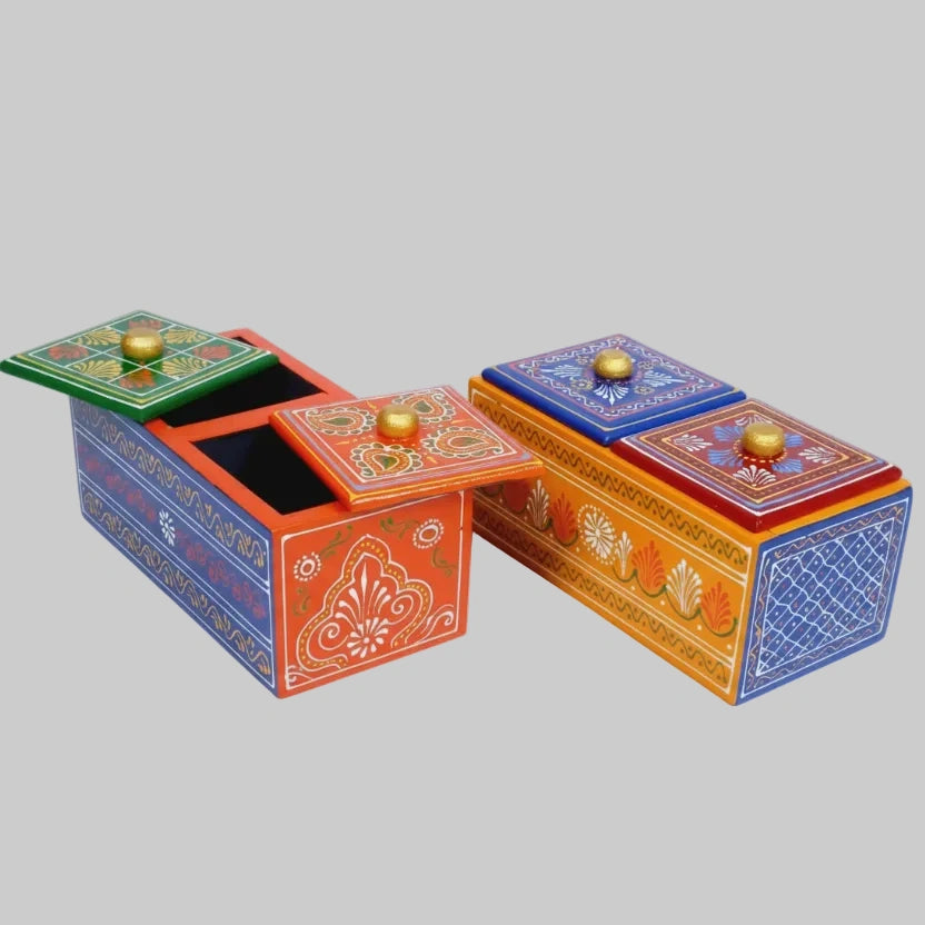 Hand-painted wooden dry fruit box with 2 partitions featuring vibrant floral art.