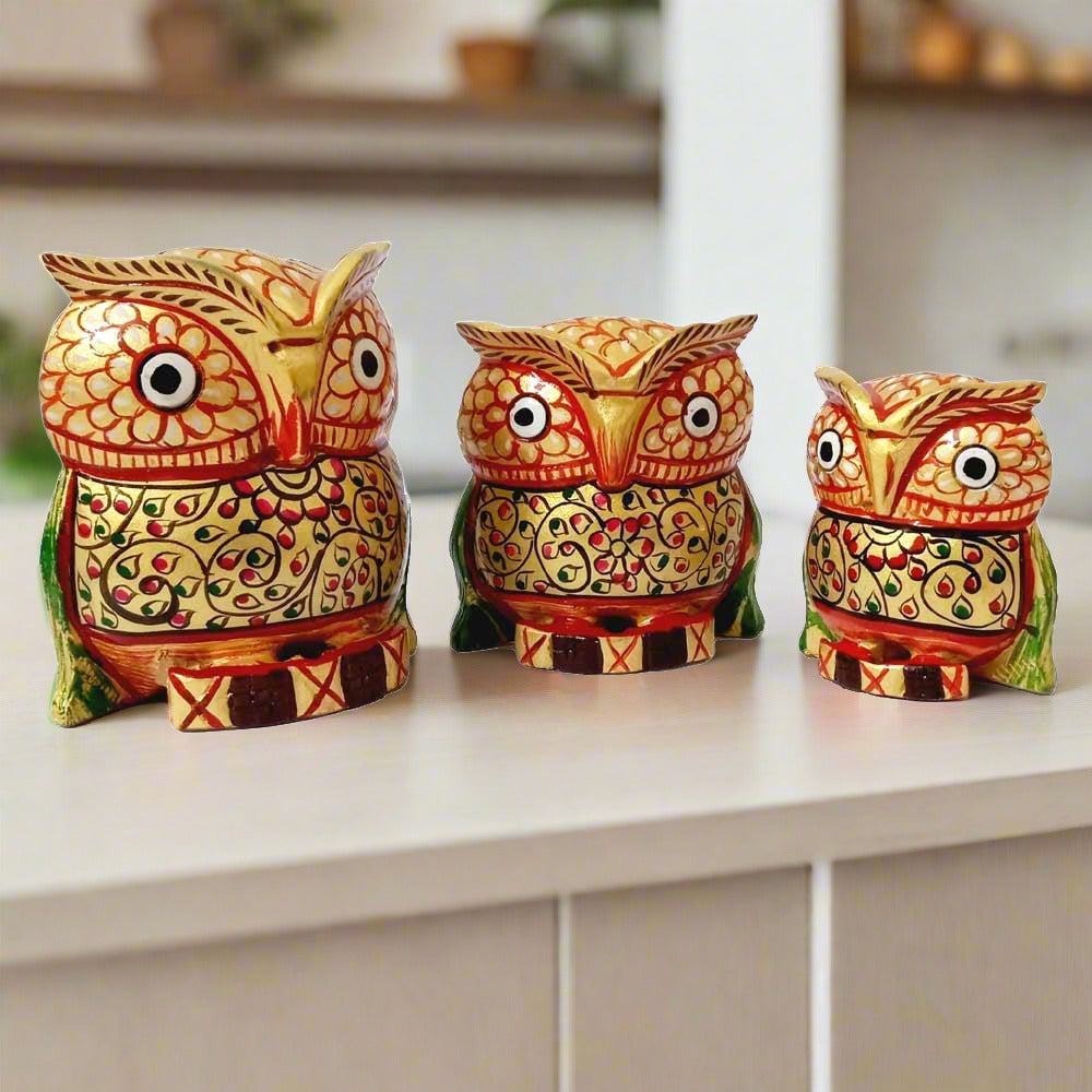 wooden hand painting owl statue