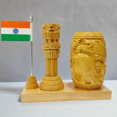 Wooden Pen Stand with Ashok Stambh