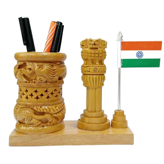 Table Top Pen Stand with Ashok Pillar and National Flag