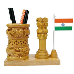 Table Top Pen Stand with Ashok Pillar and National Flag