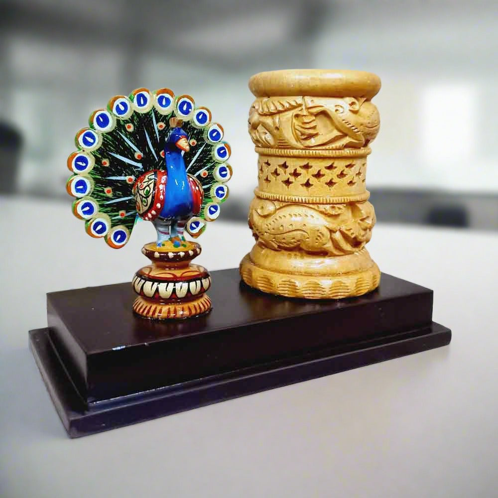 Wooden Pen Stand with Peacock Statue