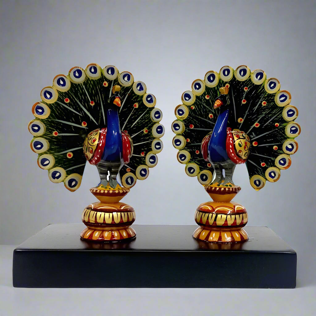 Two Wooden Dancing Peacocks with Platform