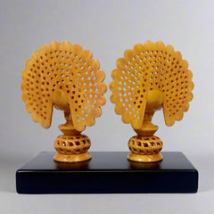 Elegant two peacocks figurine on platform – traditional Indian wooden sculpture