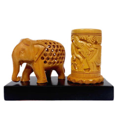 Wooden Pen Holder with Undercut Elephant Statue