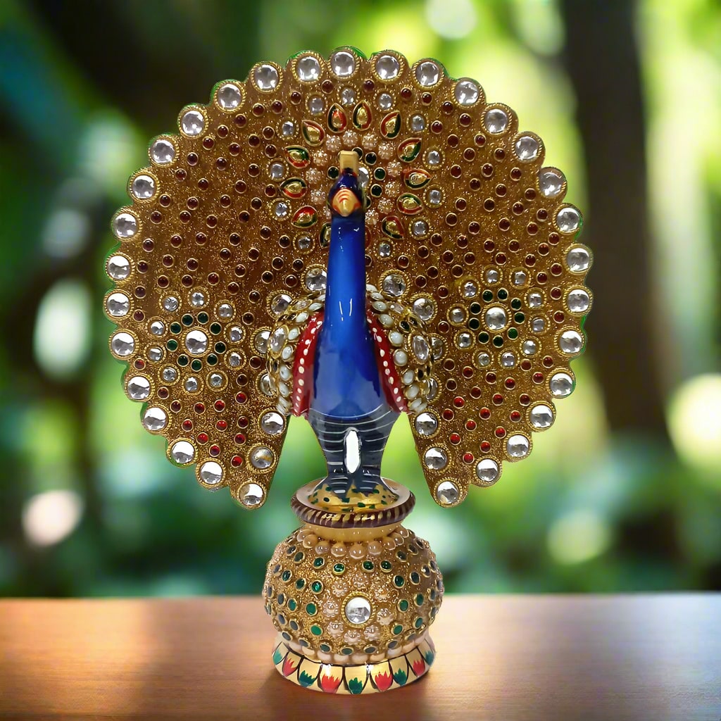 Intricate wooden peacock figurine with lac and embellishments