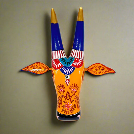 Hand-painted wooden cow head Nandi wall decor with intricate details