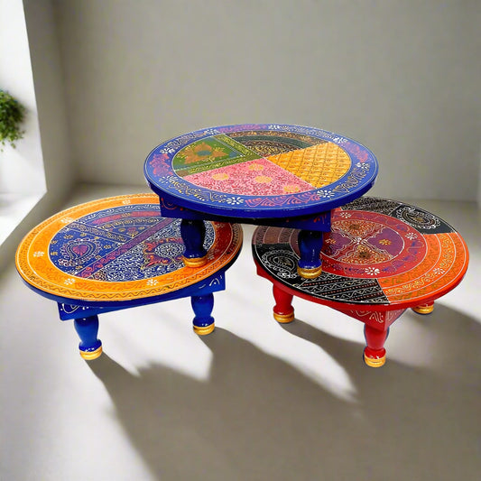 Decorative wooden round chowki for pooja and ceremonial use