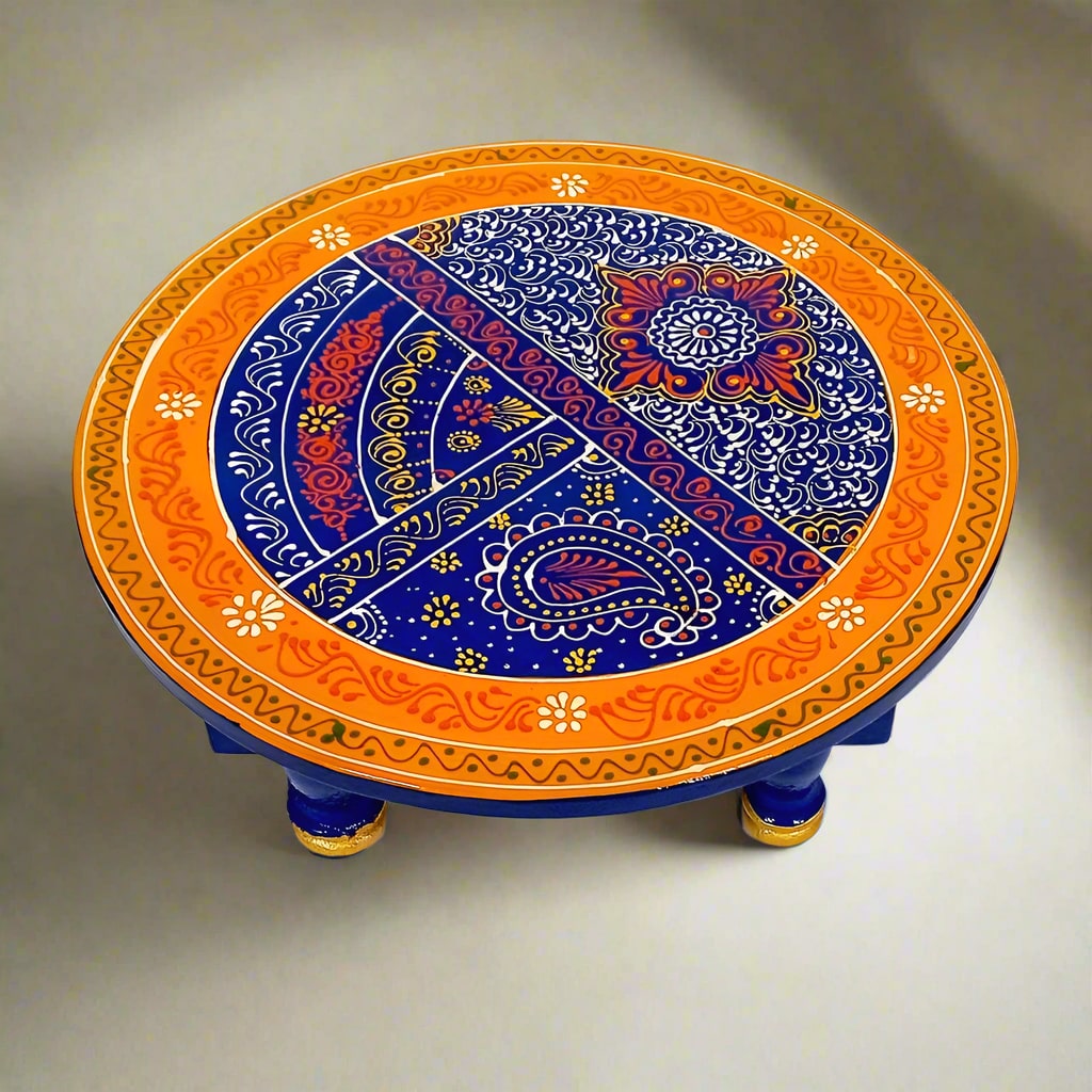 Elegant round wooden chowki with intricate hand-painted details