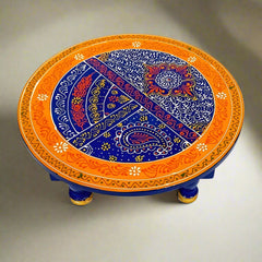 Elegant round wooden chowki with intricate hand-painted details