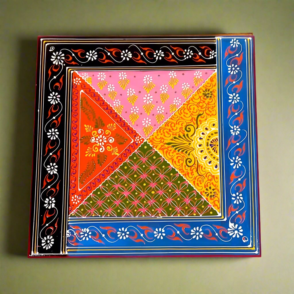 Colorful handcrafted wooden bajot with traditional Indian motifs