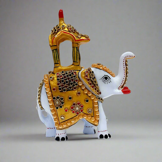 White Ambabari elephant showpiece with hand-painted details and sparkling stones