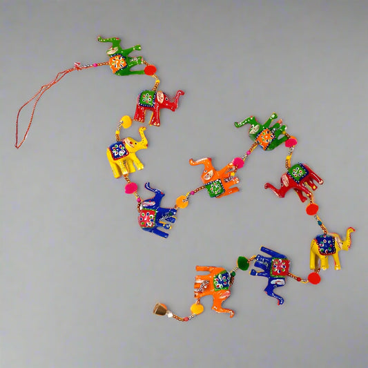 Hand-painted paper mâché wall hanging with 10 colorful elephants