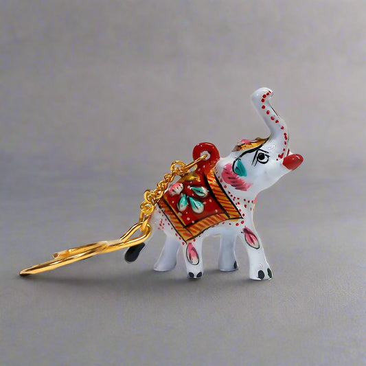 Elegant Meenakari white elephant keychain crafted from durable metal.