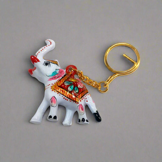 Hand-painted Meenakari keyring featuring a white elephant design.