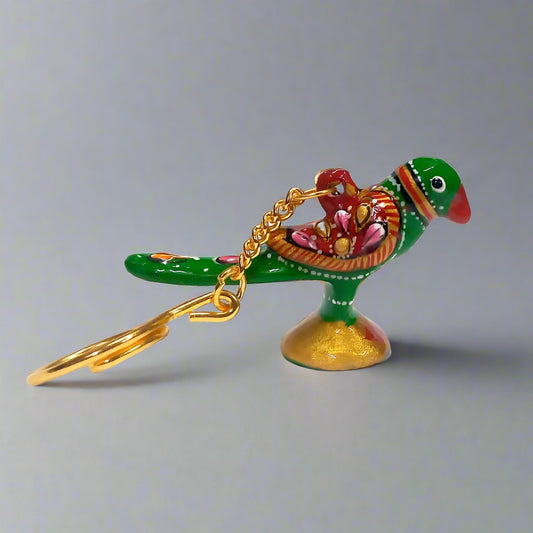 Traditional Indian Meenakari parrot key holder showcasing fine craftsmanship.