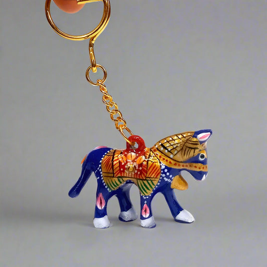 Handcrafted Meenakari horse keychain with intricate enamel painting.