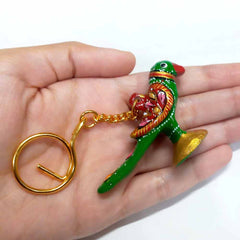 Colorful parrot keyring crafted from durable metal with Meenakari art.