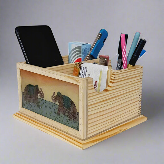 Wooden desk organizer with gemstone painting – handcrafted pine wood office decor