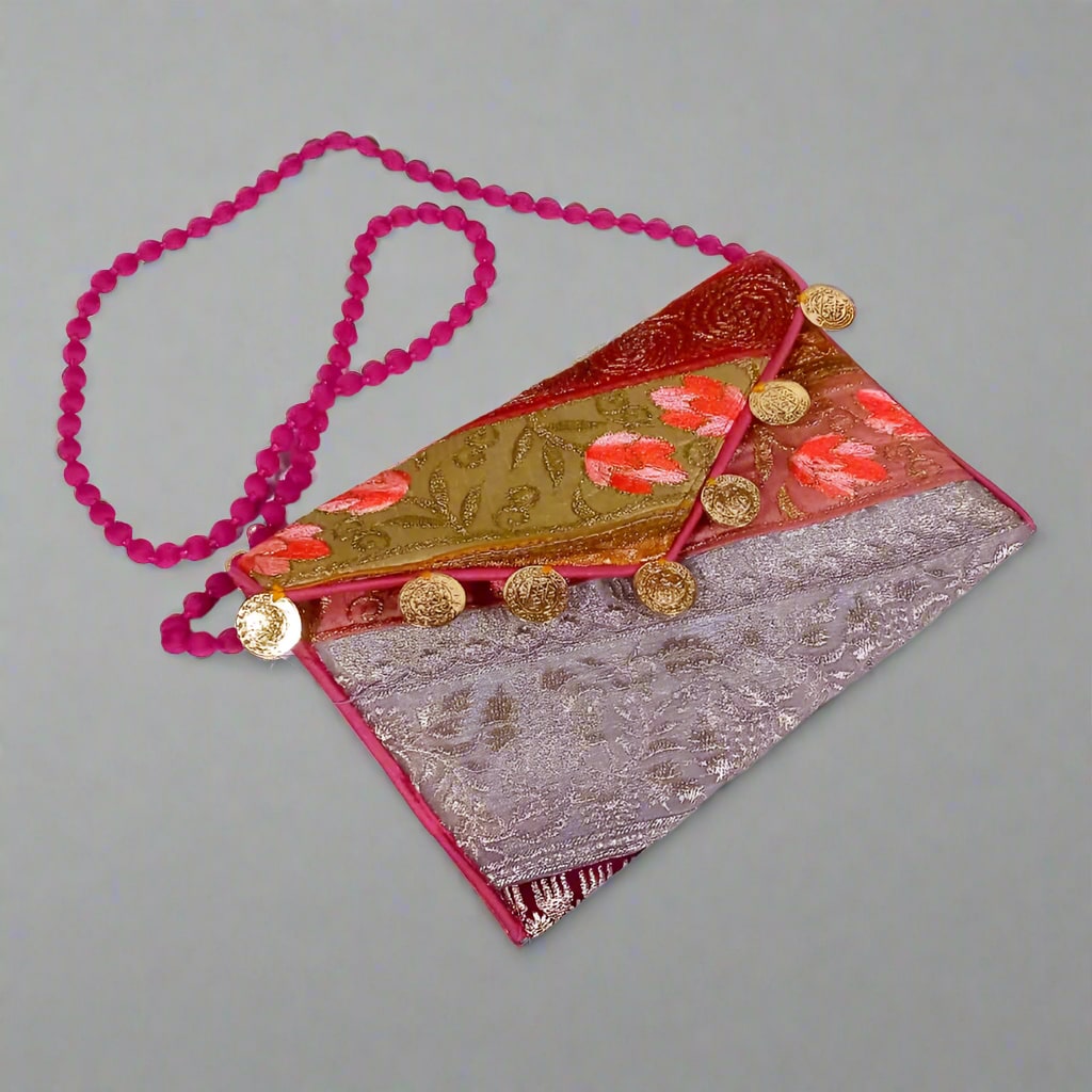 Eco-friendly cotton clutch featuring unique patchwork design, perfect for stylish organization