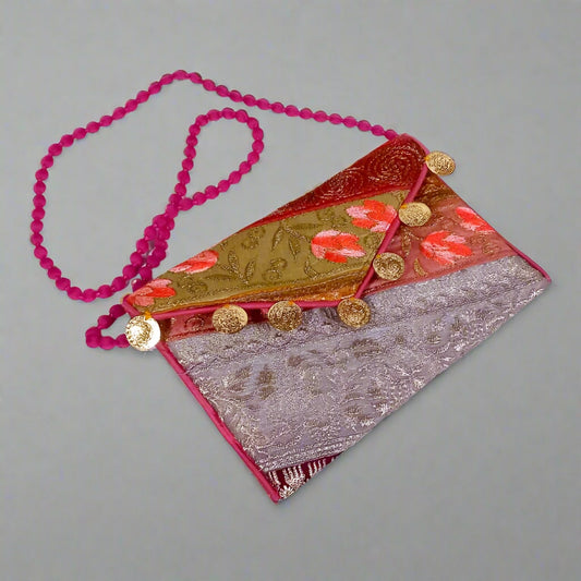 Eco-friendly cotton clutch featuring unique patchwork design, perfect for stylish organization