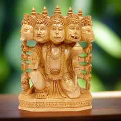 Handcrafted wooden Panchmukhi Hanuman idol with five faces, traditional Indian handicraft