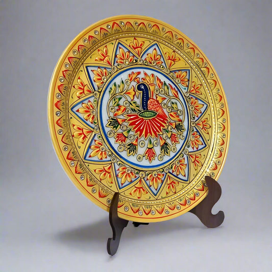 25cm diameter marble decorative plate with colorful peacock design and embossed floral detailing, perfect for home decor or gifting.