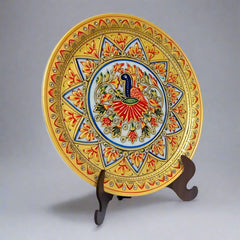 25cm diameter marble decorative plate with colorful peacock design and embossed floral detailing, perfect for home decor or gifting.