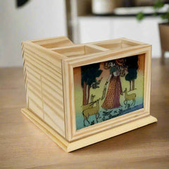 Artisan-crafted pine wood rotating organizer with intricate hand-painted Rajasthani gemstone design.