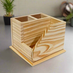Handcrafted wooden pen holder with vibrant gemstone artwork, perfect for organizing office or study desk essentials.