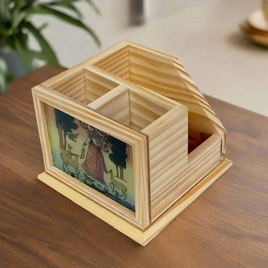 Revolving pine wood desk organizer with traditional Rajasthani gemstone painting and three spacious compartments.