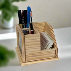 Beautifully painted rotating desk organizer made of pine wood, featuring Indian miniature gemstone art on the exterior.