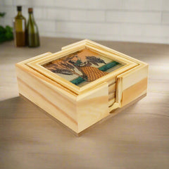 Revolving wooden coaster set with intricate gemstone paintings, handcrafted with traditional Indian artwork